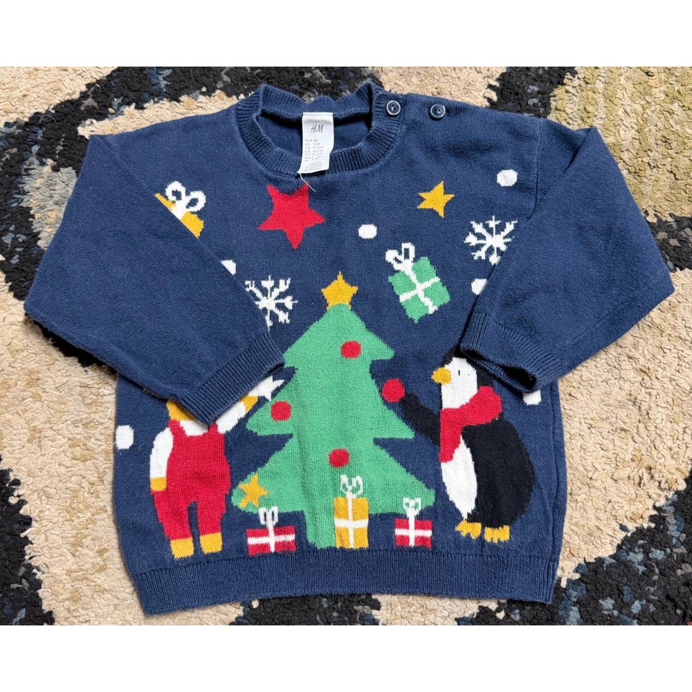 HM Kids Navy Blue Christmas Sweater Penguin Reindeer 12M Holiday Knit